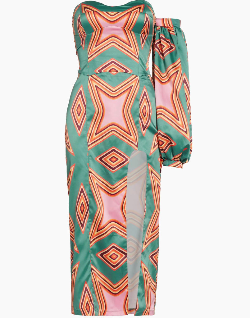 Geometric-Print Satin Midi-Dress with bold, vibrant patterns in green, orange, and pink colors.