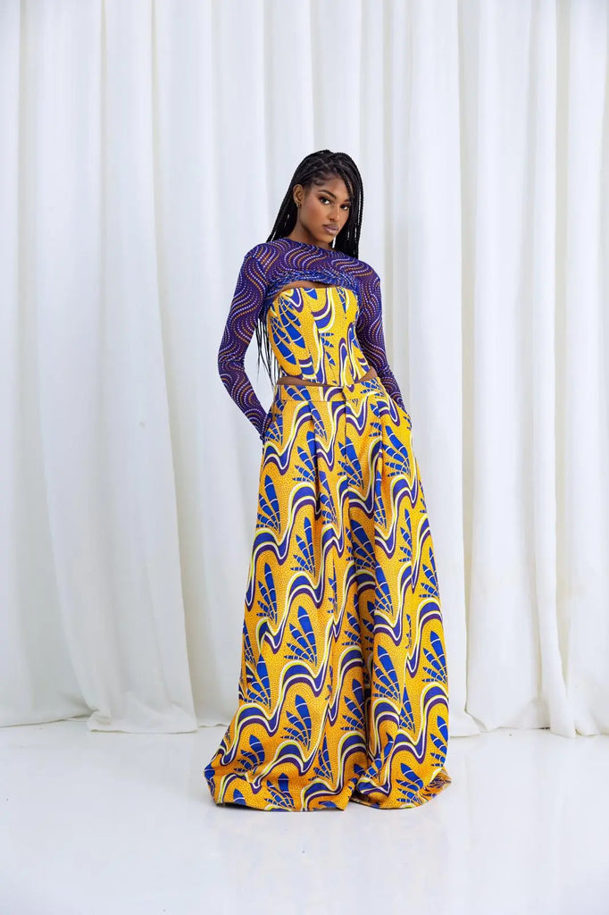 Vibrant African print maxi dress with long sleeves and eye-catching pattern