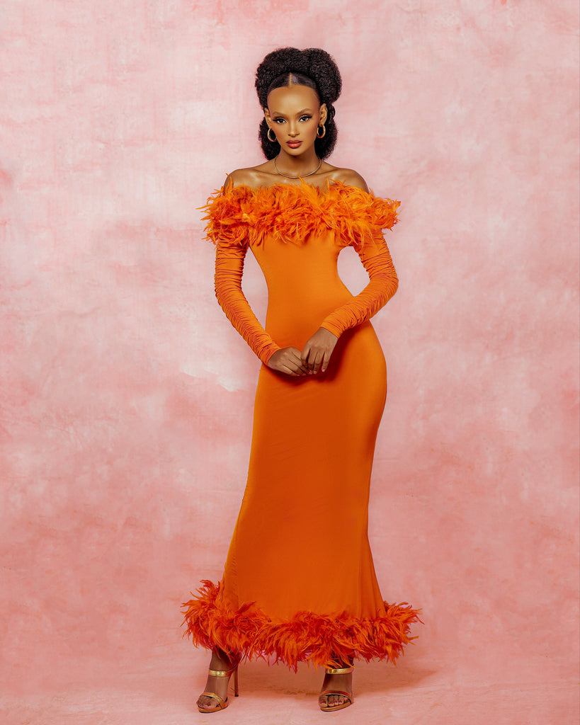 Elegant Ruffled Mermaid Gown in Vibrant Orange Claude KameniAfrican print
