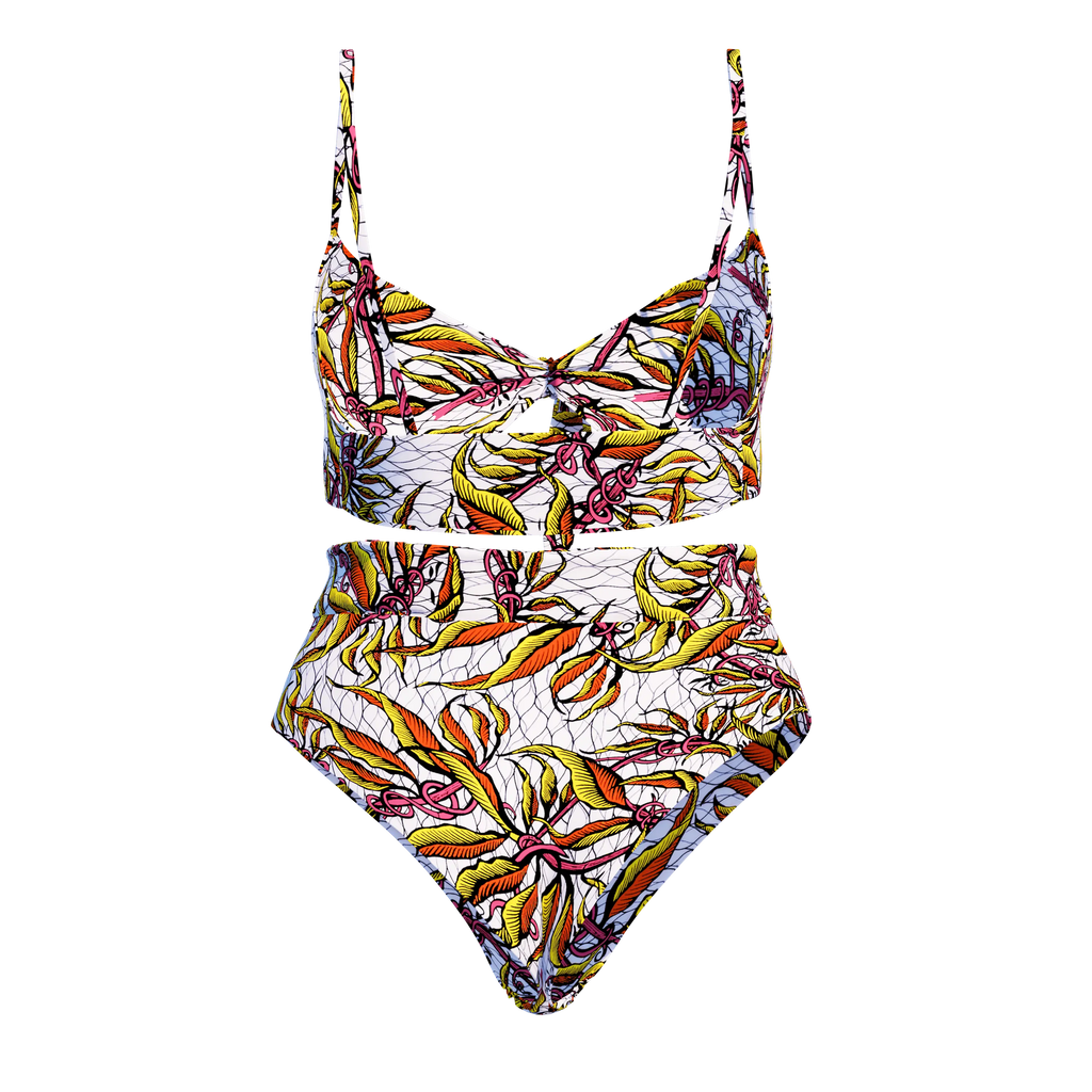 Colorful tropical swimsuit with vibrant floral pattern, featuring a sleek two-piece design consisting of a crop top and high-waisted bottoms.