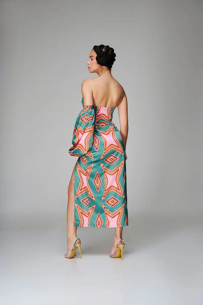 Vibrant African-Inspired Strapless Midi Dress with Geometric Print